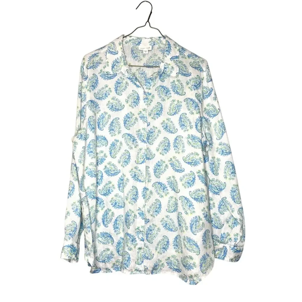 J. Jill Love Linen White Blue Green Paisley Print Button Down Linen Shirt M